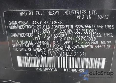 2013 Subaru Forester 2.5X Premium from USA, damaged, VIN JF2SHADC5DH442129